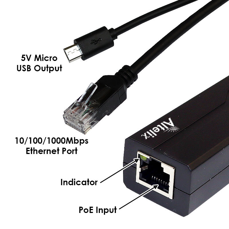 Altelix Gigabit IEEE 802.3af/at PoE Splitter, 5VDC 2.4A Output, Micro USB Connector - 0