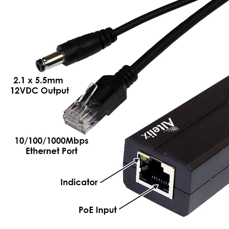 Altelix Gigabit IEEE 802.3af/at PoE Splitter, 12VDC 1.2A Output, 5.5x2.1mm DC Plug