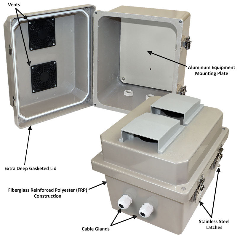 Altelix Fiberglass Vented Weatherproof NEMA Enclosure with Blank Aluminum Equipment Mounting Plate