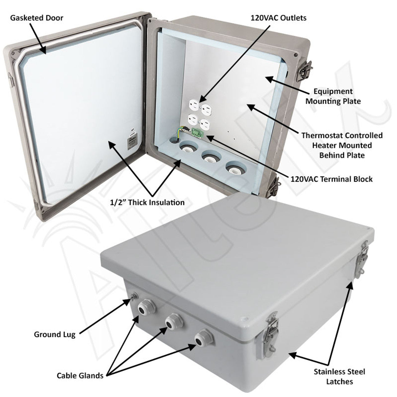 Altelix Insulated Fiberglass Weatherproof NEMA 4X Enclosure with 200W Heater & 120 VAC Outlets - 0