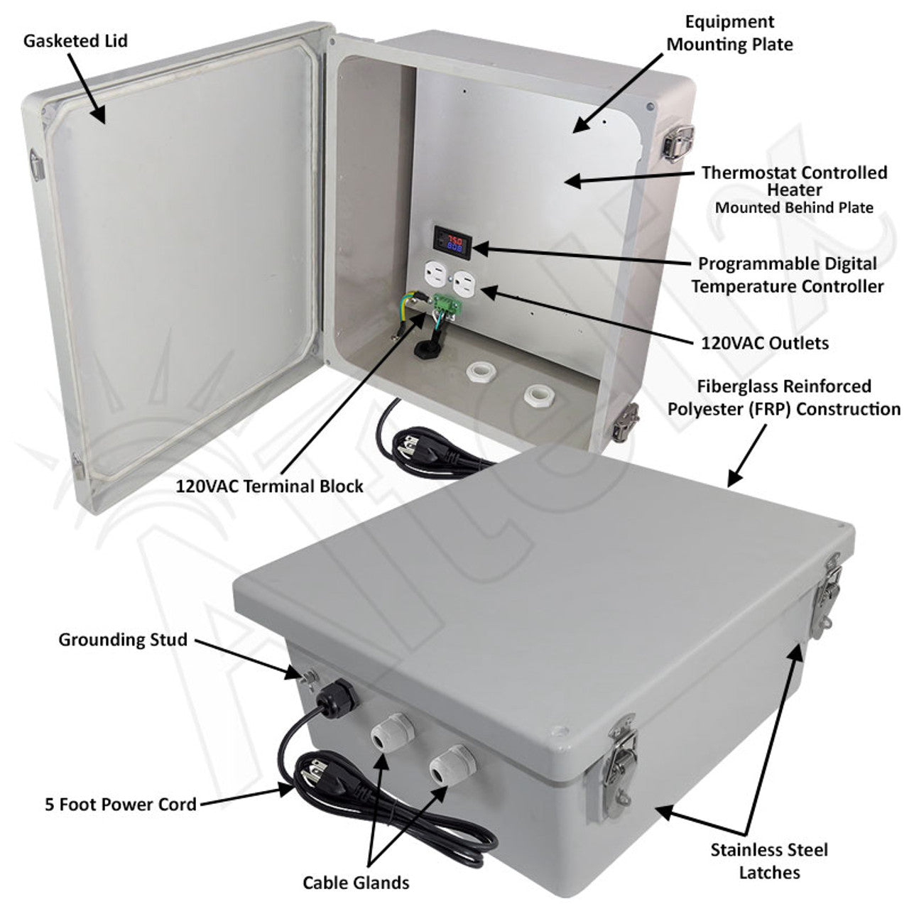 Altelix Fiberglass Weatherproof Heated NEMA Enclosure with 120 VAC Outlets, Power Cord & 200W Heater with Digital Temperature Controller - 0