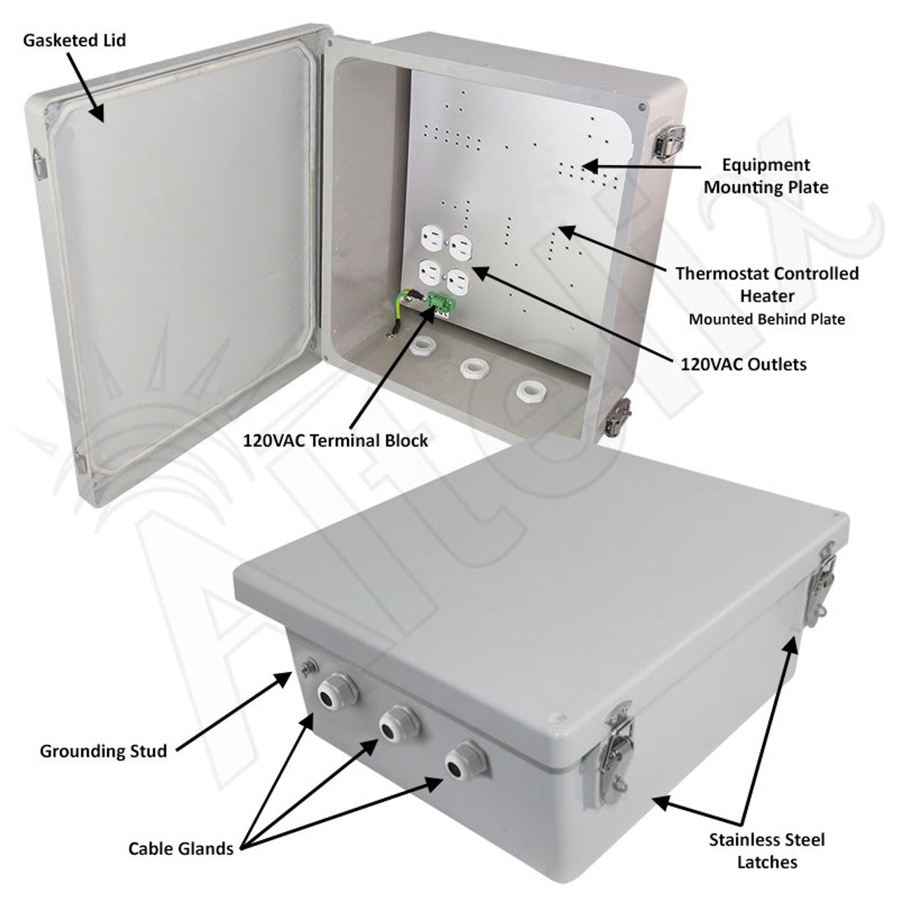 Altelix Fiberglass Weatherproof Heated NEMA Enclosure with 200W Heater & 120 VAC Outlets - 0