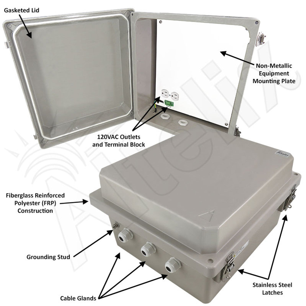 Altelix 14x12x8 Fiberglass Weatherproof WiFi NEMA 4X Enclosure with Polyester Mounting Plate & 120 VAC Outlets - 0