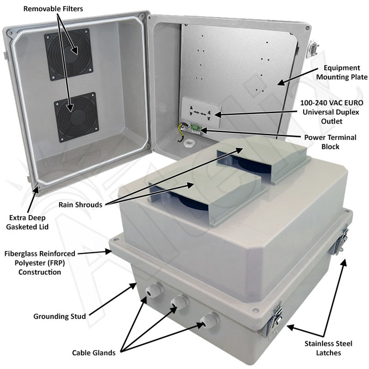 Altelix 14x12x10 Vented Fiberglass Weatherproof NEMA Enclosure with 100-240 VAC Universal Power Outlet - 0