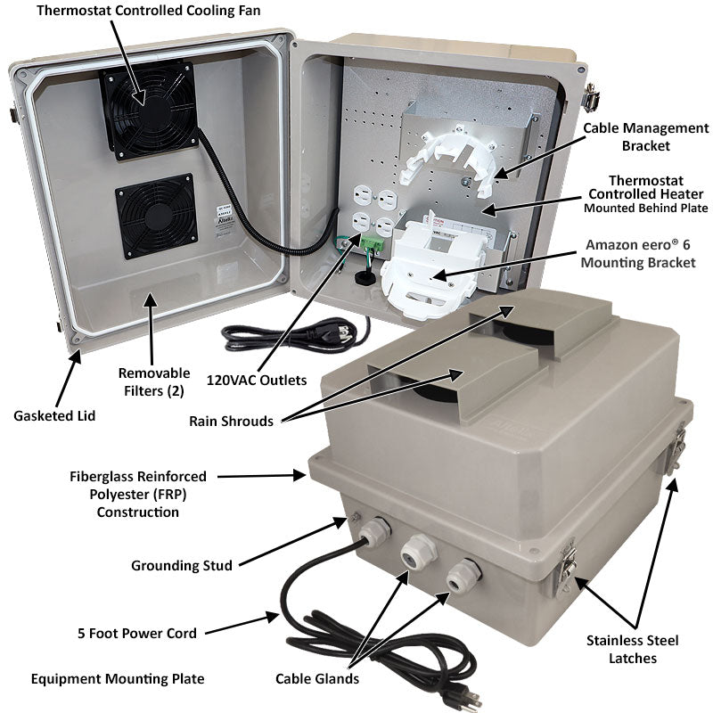 Altelix Fiberglass Weatherproof Starlink® / Amazon eero® Mesh Wi-Fi Router Enclosure with Heater, Cooling Fan, 120 VAC Outlets & Power Cord - 0