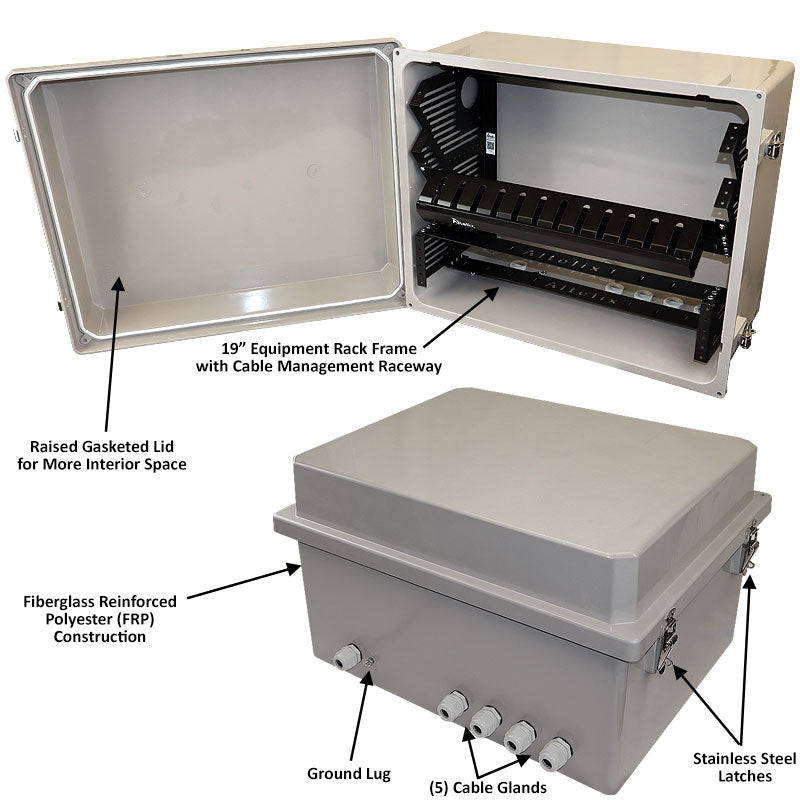 Altelix 16x20x12 Space Saver 19" Wide NEMA 4X Equipment Rack Enclosure with 19" Wide Slanted Rack Frame and Cable Management Raceway