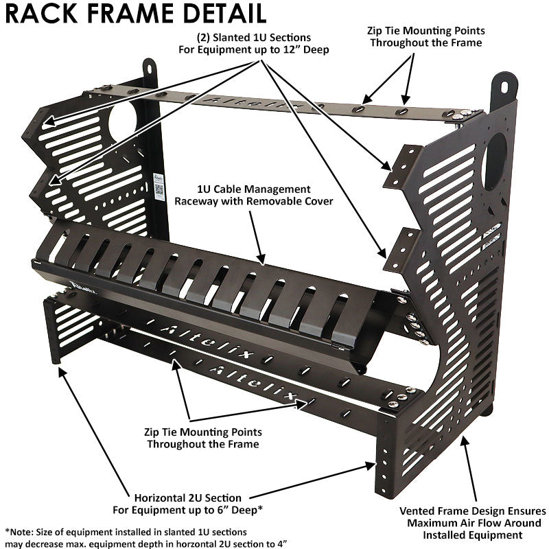 Altelix 16x20x12 Space Saver 19" Wide NEMA 4X Equipment Rack Enclosure with 19" Wide Slanted Rack Frame and Cable Management Raceway