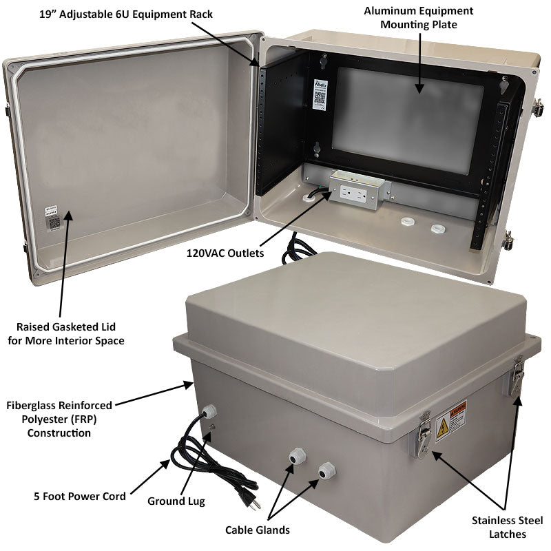 Altelix 16x20x12 Fiberglass Weatherproof Vented NEMA Enclosure with 19"Wide 6U Rack Frame, 120V Outlets & Power Cord