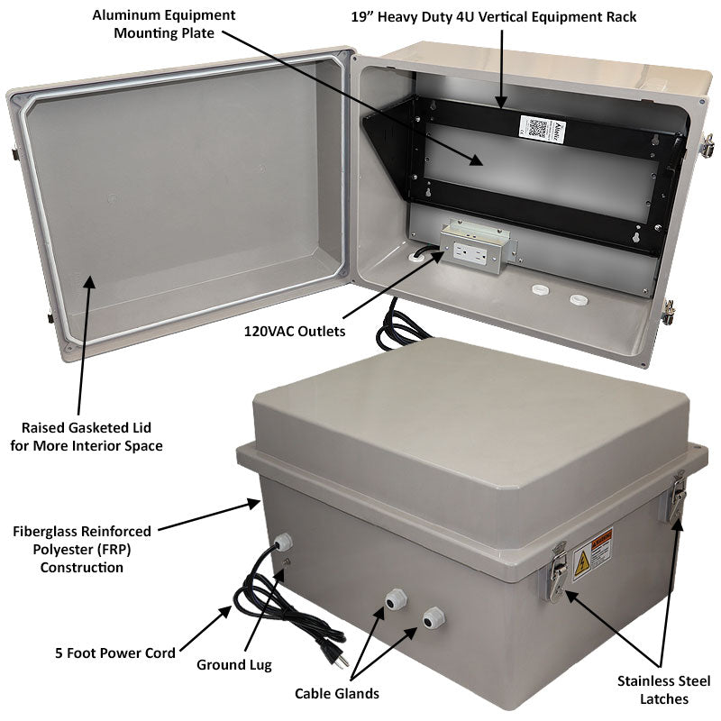 Altelix 16x20x12 Fiberglass Weatherproof NEMA Enclosure with Heavy Duty 19" Wide 4U Vertical Rack Frame, 120 VAC Outlets & Power Cord - 0