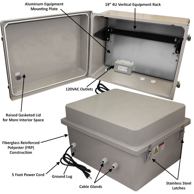 Altelix 16x20x12 Fiberglass Weatherproof NEMA Enclosure with 19" Wide 4U Vertical Rack Frame, 120 VAC Outlets & Power Cord - 0