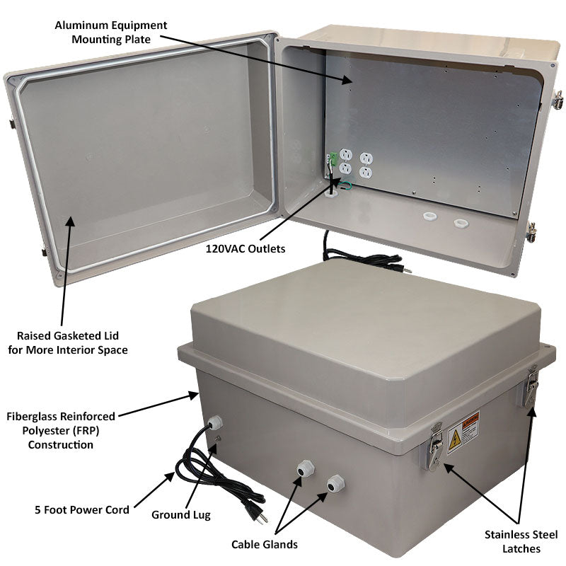 Altelix Fiberglass Weatherproof NEMA Enclosure with Aluminum Mounting Plate, 120 VAC Outlets & Power Cord - 0