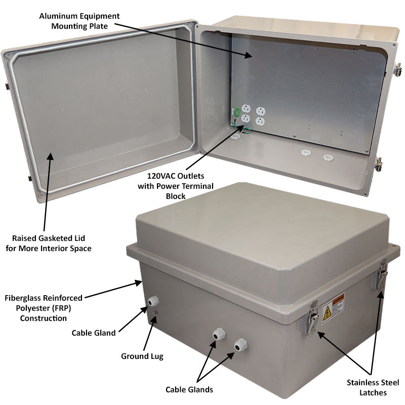 Altelix Fiberglass Weatherproof NEMA Enclosure with Aluminum Mounting Plate, 120 VAC Outlets