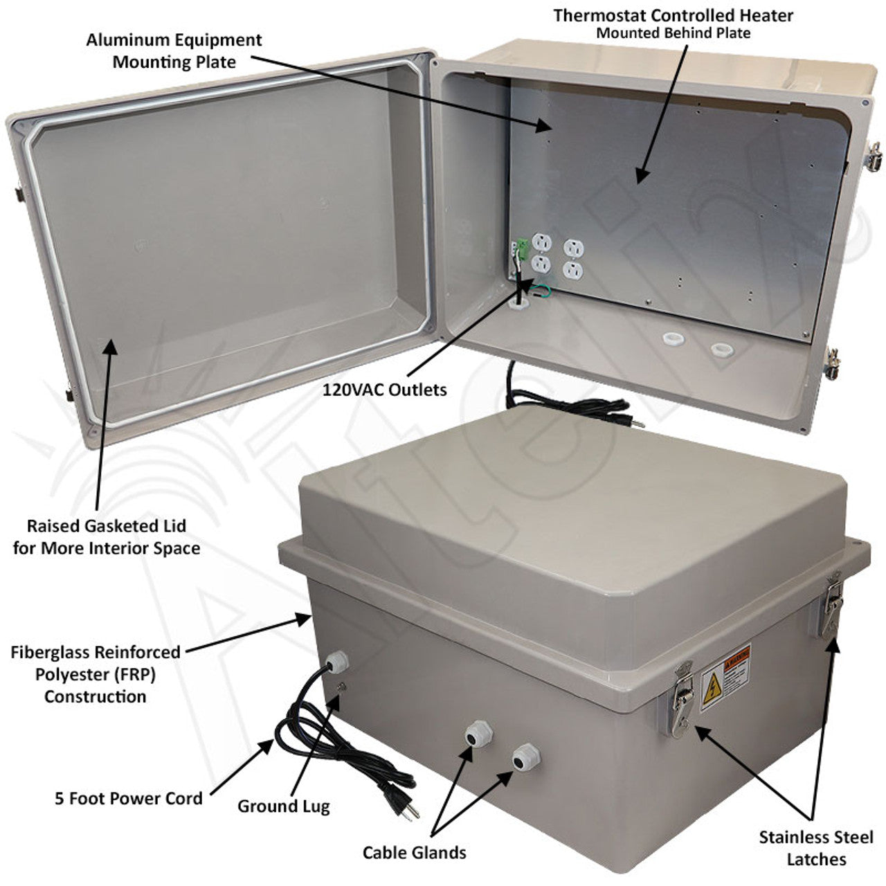 Altelix Fiberglass Weatherproof Heated NEMA Enclosure with 200W Heater, 120 VAC Outlets & Power Cord