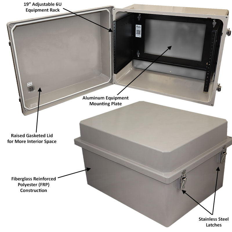 Altelix 16x20x12 Fiberglass Weatherproof NEMA 4X Enclosure with 19" Wide 6U Rack Frame