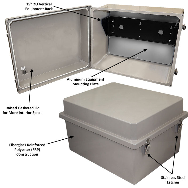 Altelix 16x20x12 Fiberglass Weatherproof NEMA 4X Enclosure with 19" Wide 2U Vertical Rack Frame - 0