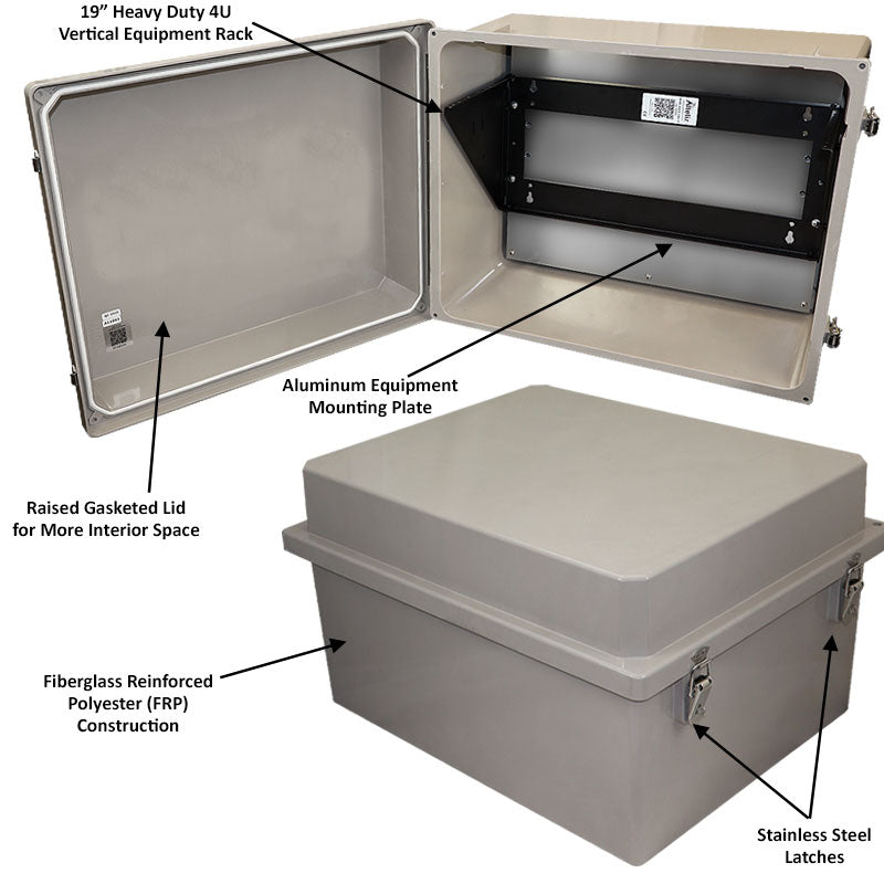 Altelix 16x20x12 Fiberglass Weatherproof NEMA 4X Enclosure with Heavy Duty 19" Wide 4U Vertical Rack Frame - 0