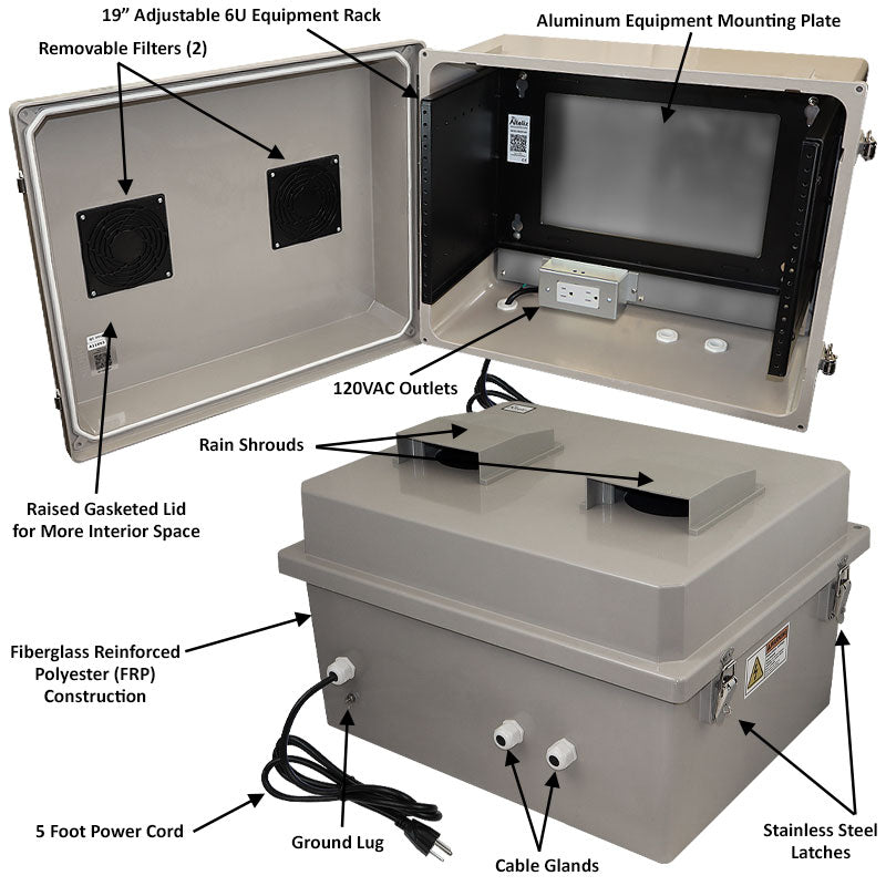 Altelix 16x20x12 Fiberglass Weatherproof NEMA Enclosure with 19" Wide 6U Rack Frame, 120 VAC Outlets & Power Cord