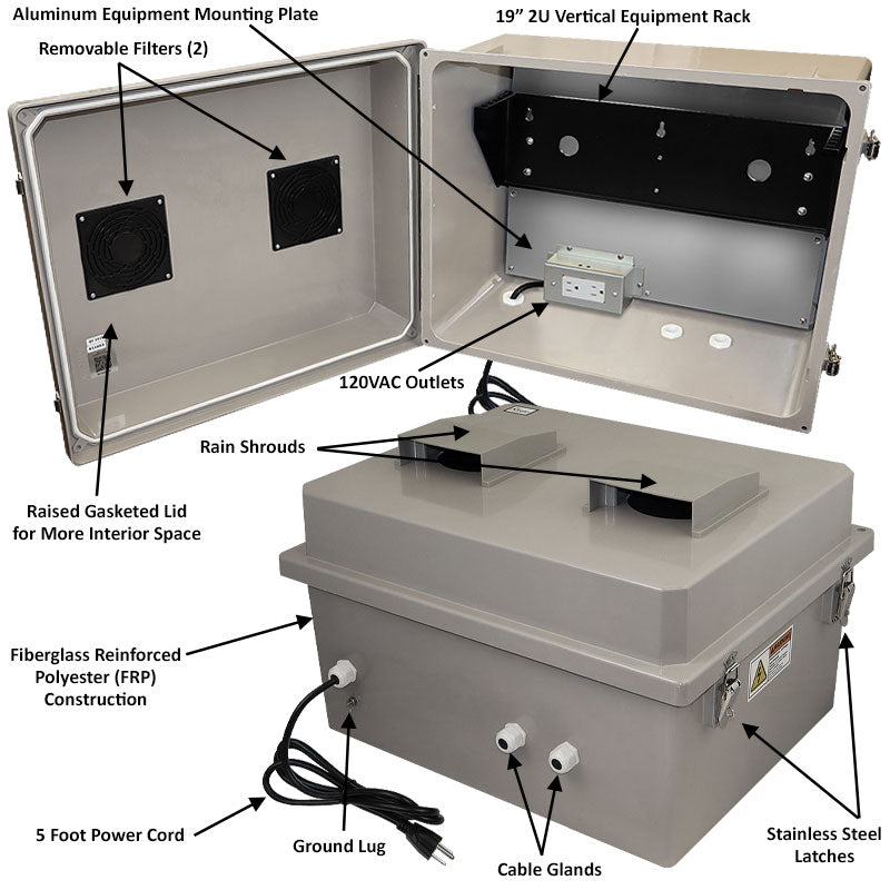 Altelix 16x20x12 Fiberglass Weatherproof Vented NEMA Enclosure with 19" Wide 2U Vertical Rack Frame, 120V Outlets & Power Cord - 0