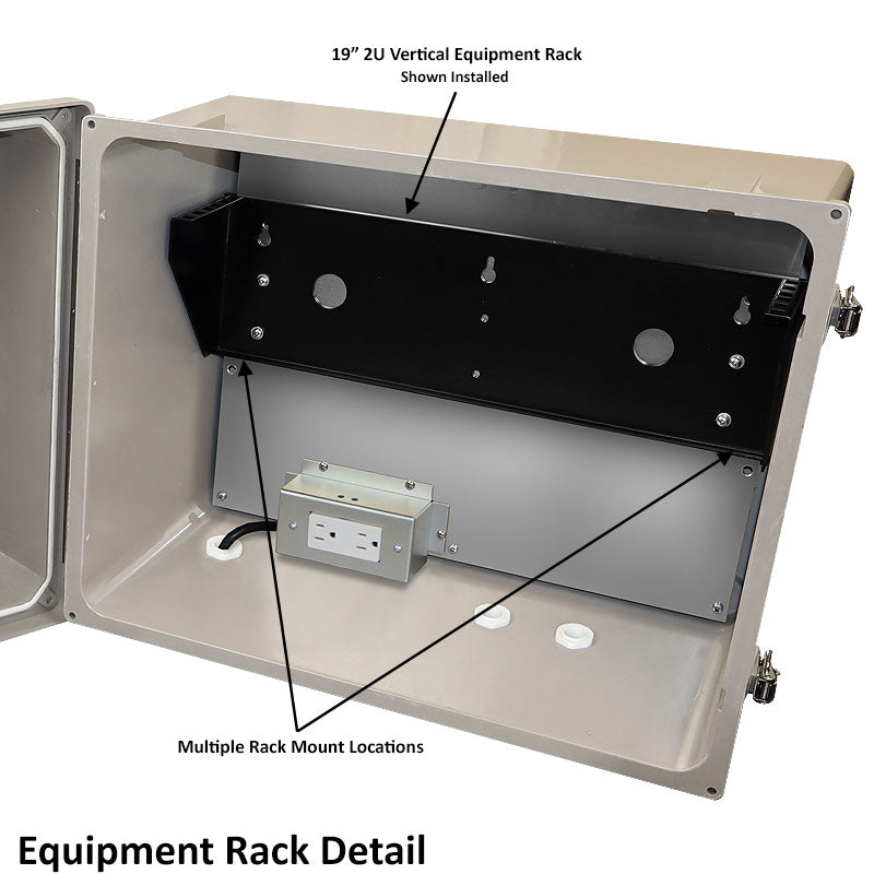 Altelix 16x20x12 Fiberglass Weatherproof Vented NEMA Enclosure with 19" Wide 2U Vertical Rack Frame, 120V Outlets & Power Cord