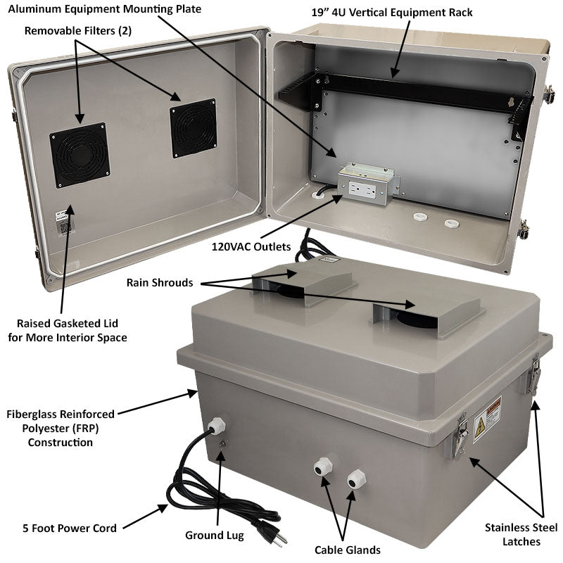 Altelix 16x20x12 Fiberglass Weatherproof Vented NEMA Enclosure with 19"Wide 4U Vertical Rack Frame, 120V Outlets & Power Cord - 0