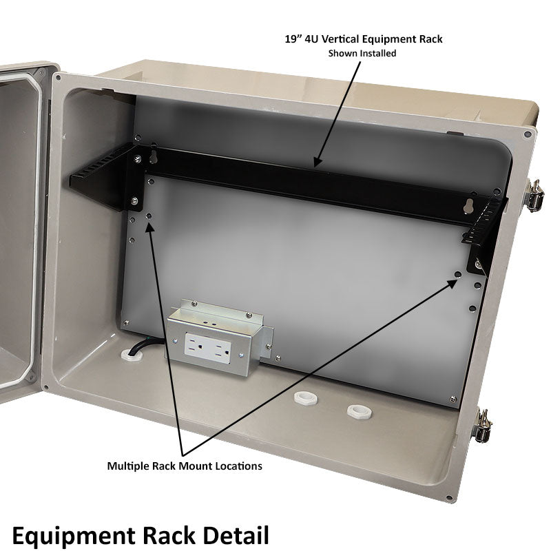 Altelix 16x20x12 Fiberglass Weatherproof Vented NEMA Enclosure with 19"Wide 4U Vertical Rack Frame, 120V Outlets & Power Cord