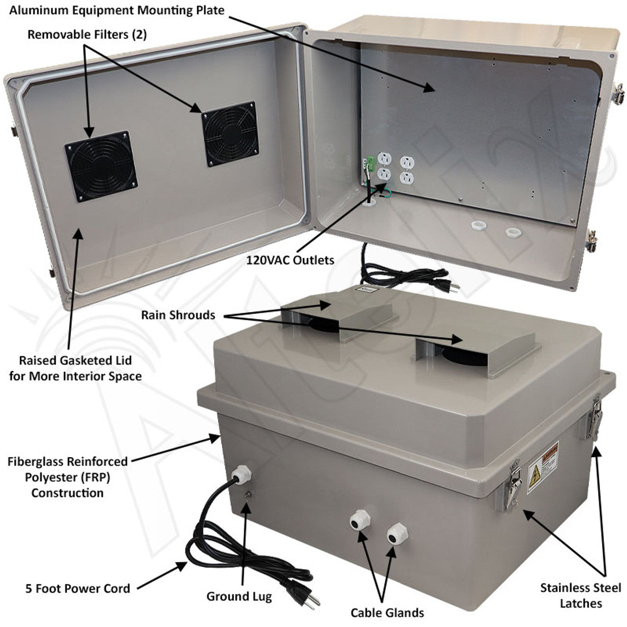 Altelix Fiberglass Weatherproof Vented NEMA Enclosure with Aluminum Mounting Plate, 120V Outlets & Power Cord - 0