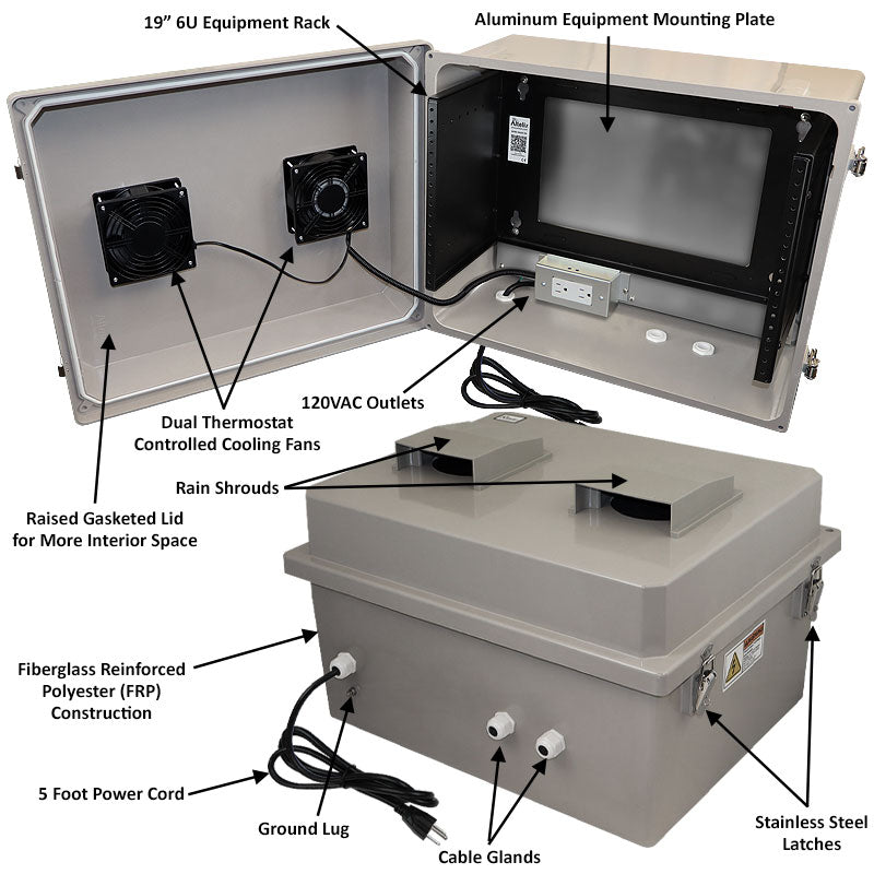 Altelix 16x20x12 Fiberglass Weatherproof Vented NEMA Enclosure with 19" Wide 6U Rack Frame, Dual Cooling Fans, 120V Outlets & Power Cord - 0