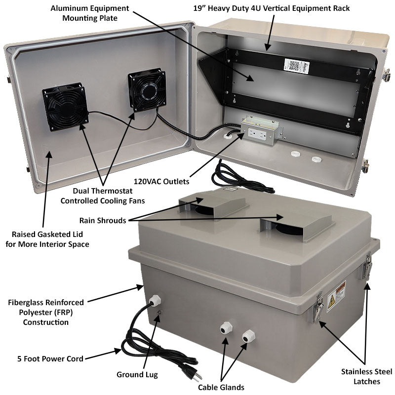 Altelix 16x20x12 Fiberglass Weatherproof Vented NEMA Enclosure with Heavy Duty 19" Wide 4U Vertical Rack Frame, Dual Cooling Fans, 120V Outlets & Power Cord