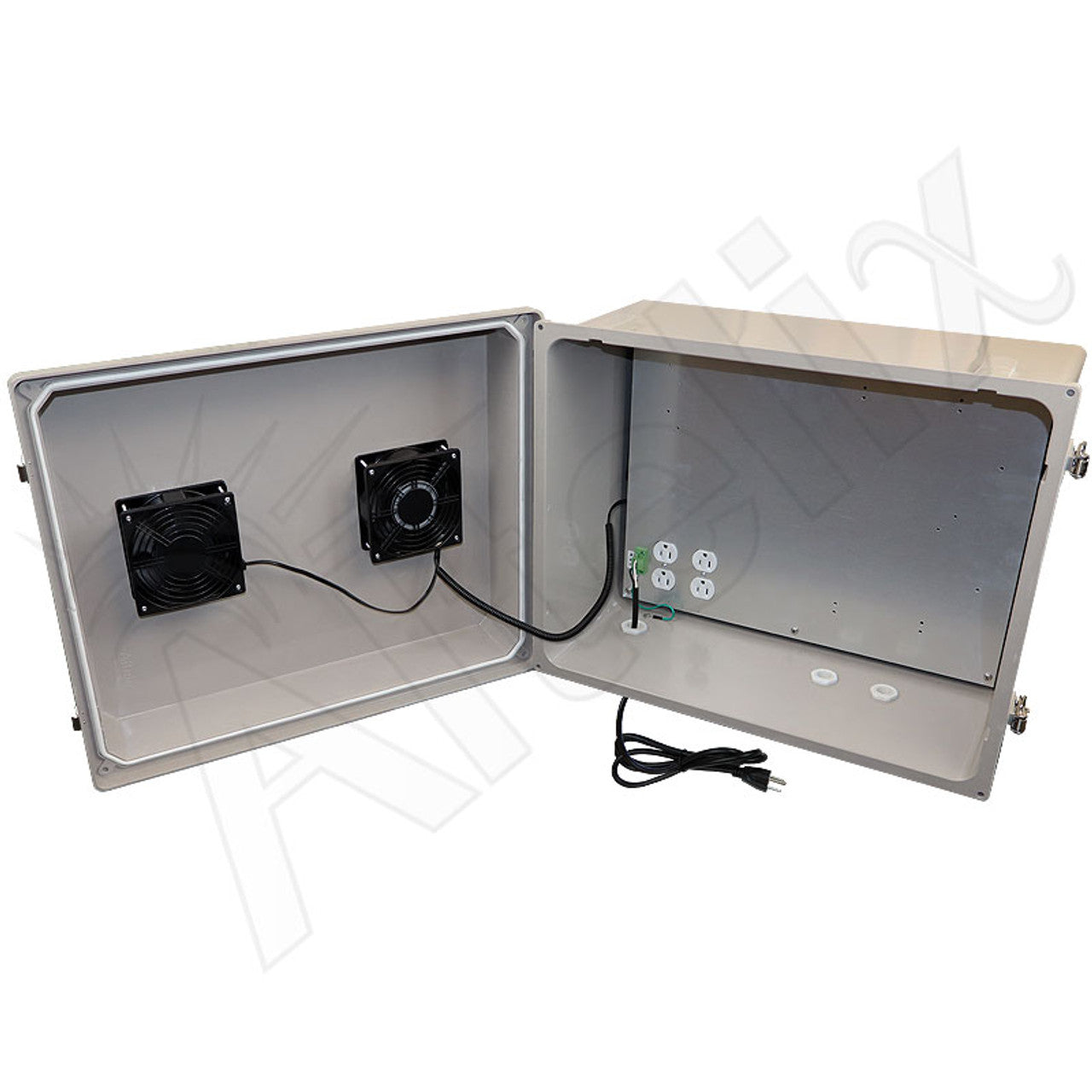 Altelix Fiberglass Weatherproof Vented NEMA Enclosure with 85 degree Turn On Dual Cooling Fans, 120 VAC Outlets & Power Cord