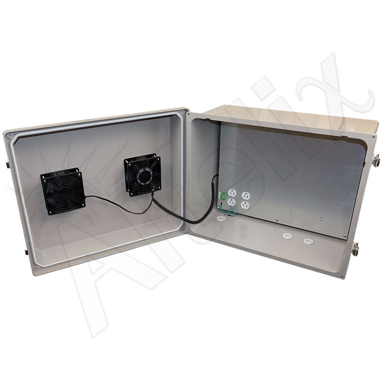 Altelix 16x20X12 Fiberglass Weatherproof Vented NEMA Enclosure with Dual Cooling Fans with 85 degree turn on, 120 VAC Outlets