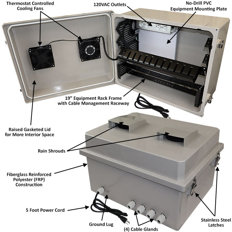 Altelix 16x20x12 Space Saver 19" Wide Equipment Rack Enclosure - Fiberglass Weatherproof Vented NEMA Enclosure with 19" Wide Slanted Rack Frame and Cable Management Raceway, Dual Cooling Fans, 120V Outlets & Power Cord - 0