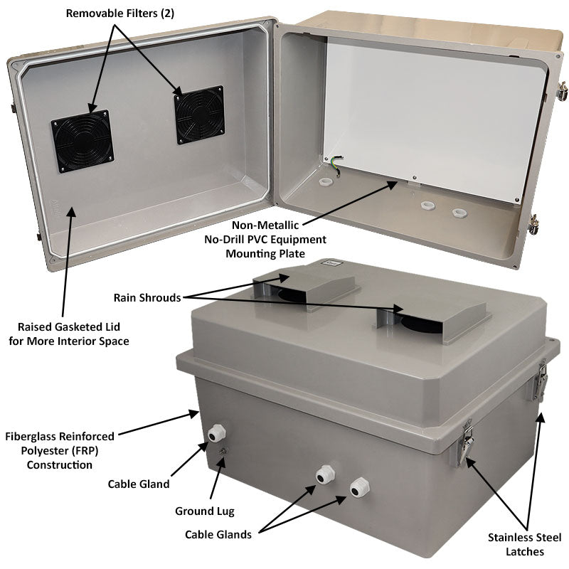 Altelix 16x20X12 Fiberglass Weatherproof Vented NEMA Enclosure with Blank Non-Metallic Equipment Mounting Plate