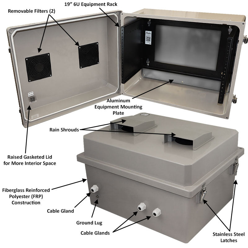 Altelix 16x20x12 Fiberglass Weatherproof Vented NEMA Enclosure with 19" Wide 6U Rack Frame - 0