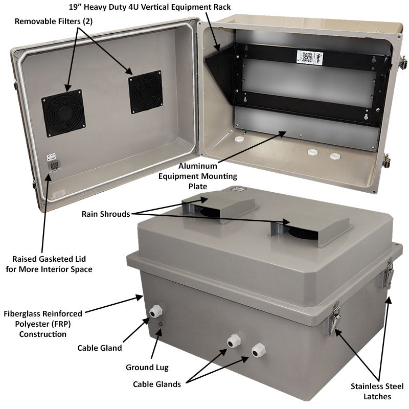 Altelix 16x20x12 Fiberglass Weatherproof Vented NEMA Enclosure with Heavy Duty 19" Wide 4U Vertical Rack Frame - 0