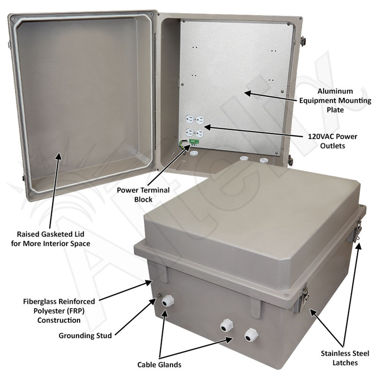 Altelix Fiberglass Weatherproof NEMA Enclosure with Aluminum Mounting Plate, 120 VAC Outlets - 0