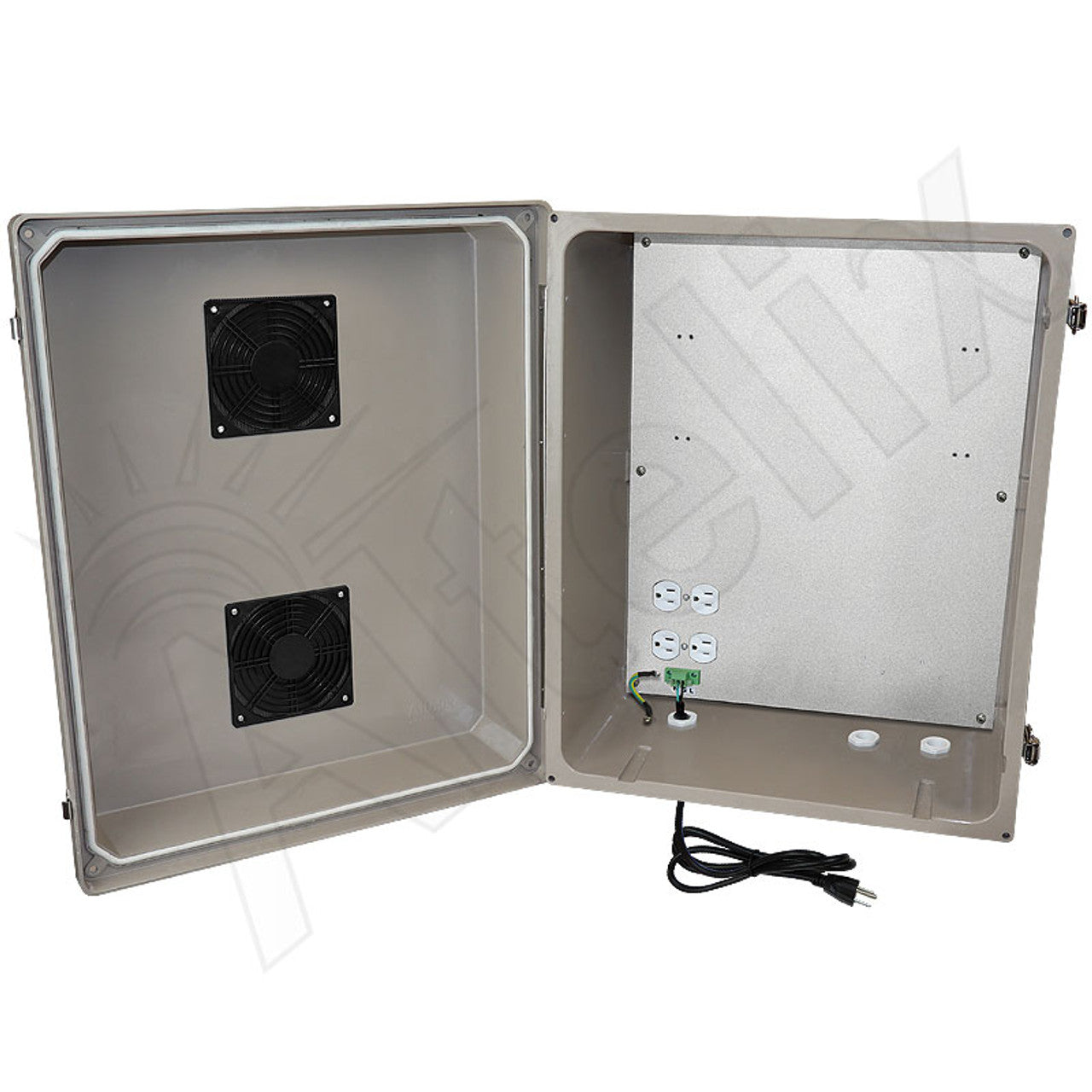 Altelix Fiberglass Weatherproof Vented NEMA Enclosure with Aluminum Mounting Plate, 120V Outlets & Power Cord