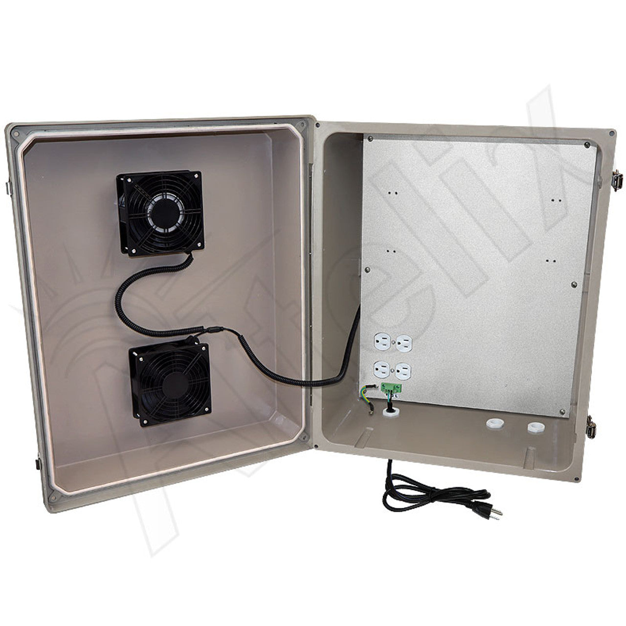 Altelix 20x16x12 Fiberglass Weatherproof Vented NEMA Enclosure with Dual Cooling Fans, 120 VAC Outlets & Power Cord