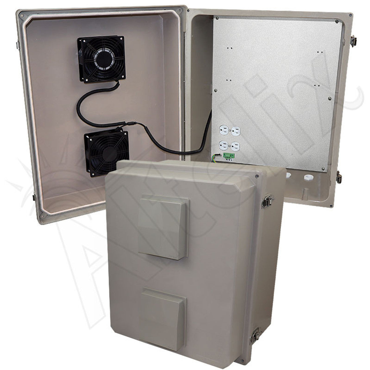 Altelix 16x20X12 Fiberglass Weatherproof Vented NEMA Enclosure with Dual Cooling Fans with 85 degree turn on, 120 VAC Outlets - 0