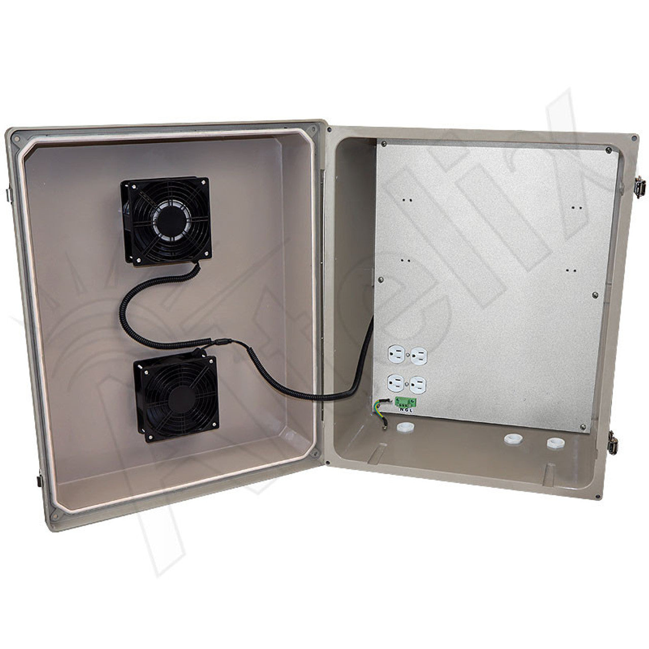 Altelix 16x20X12 Fiberglass Weatherproof Vented NEMA Enclosure with Dual Cooling Fans with 85 degree turn on, 120 VAC Outlets