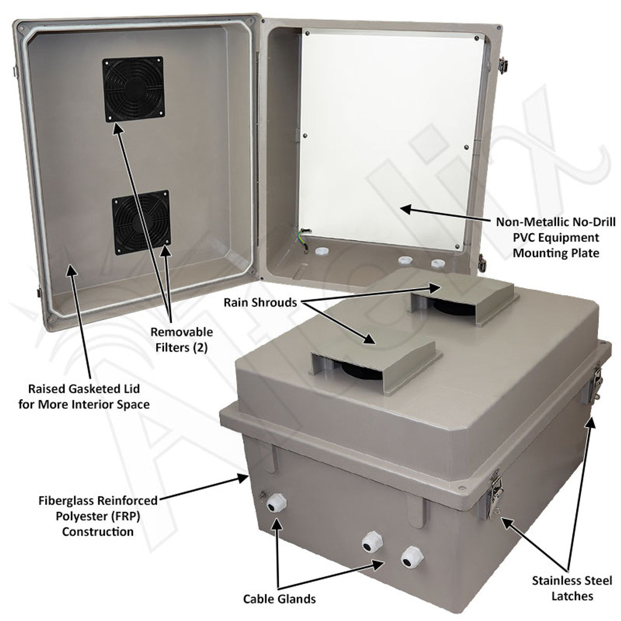 Altelix 16x20X12 Fiberglass Weatherproof Vented NEMA Enclosure with Blank Non-Metallic Equipment Mounting Plate - 0