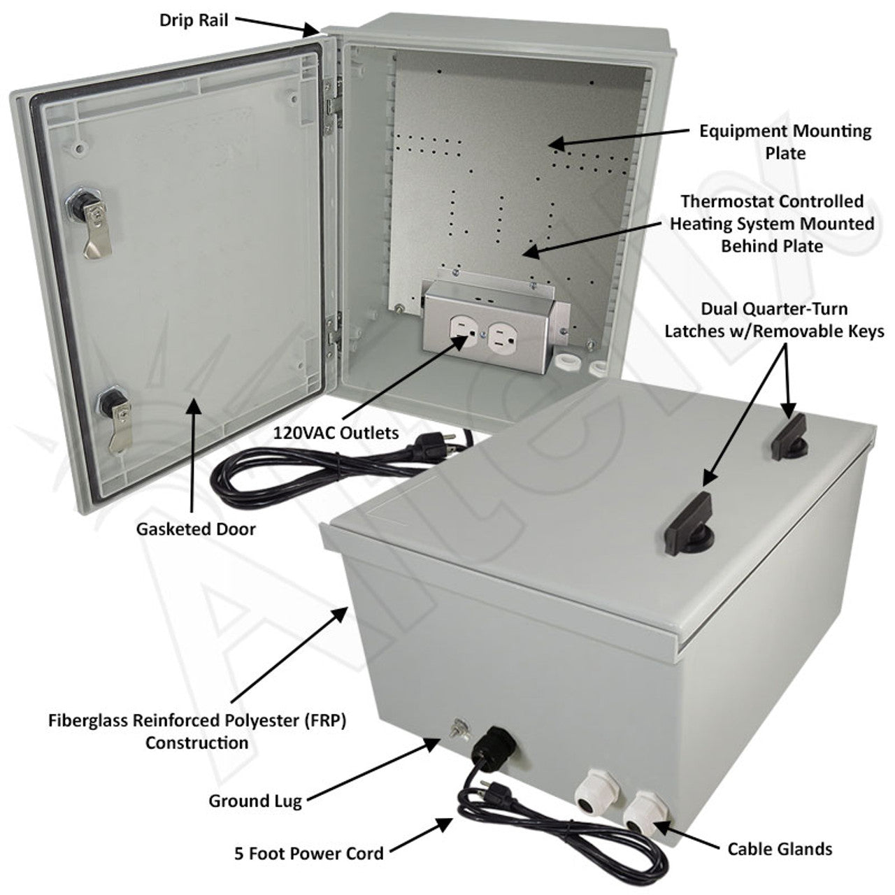 Altelix NEMA 4X Heated Fiberglass Weatherproof Enclosure with Equipment Mounting Plate, 120 VAC Outlets & Power Cord - 0