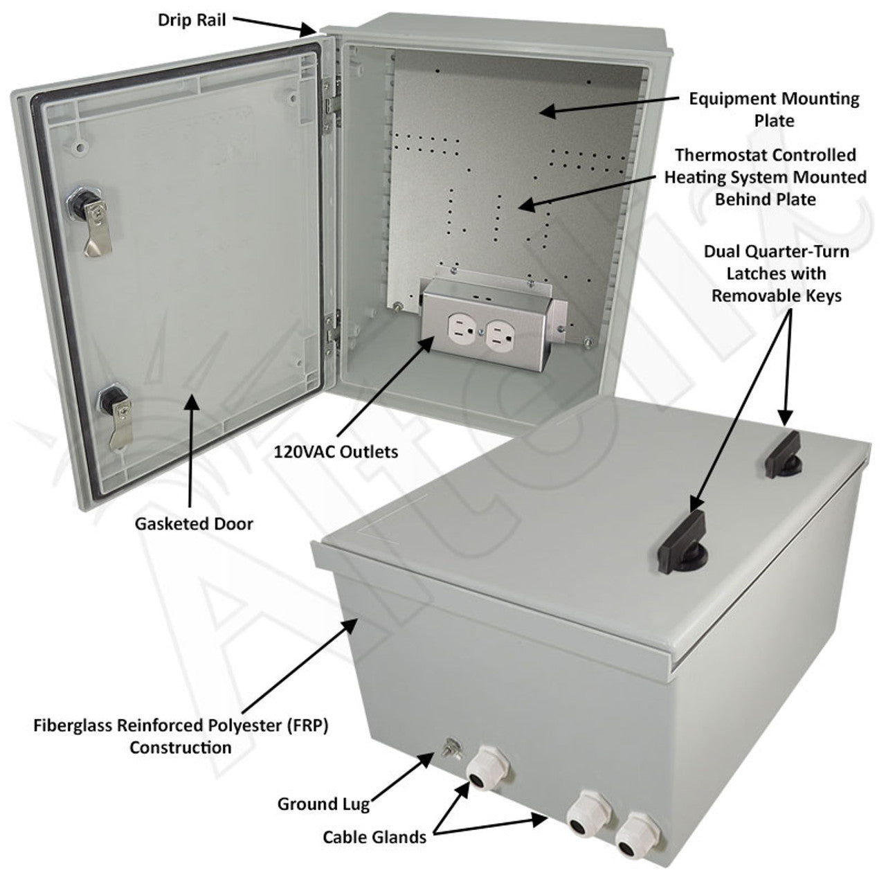 Altelix NEMA 4X Heated Fiberglass Weatherproof Enclosure with Equipment Mounting Plate & 120 VAC Outlets - 0