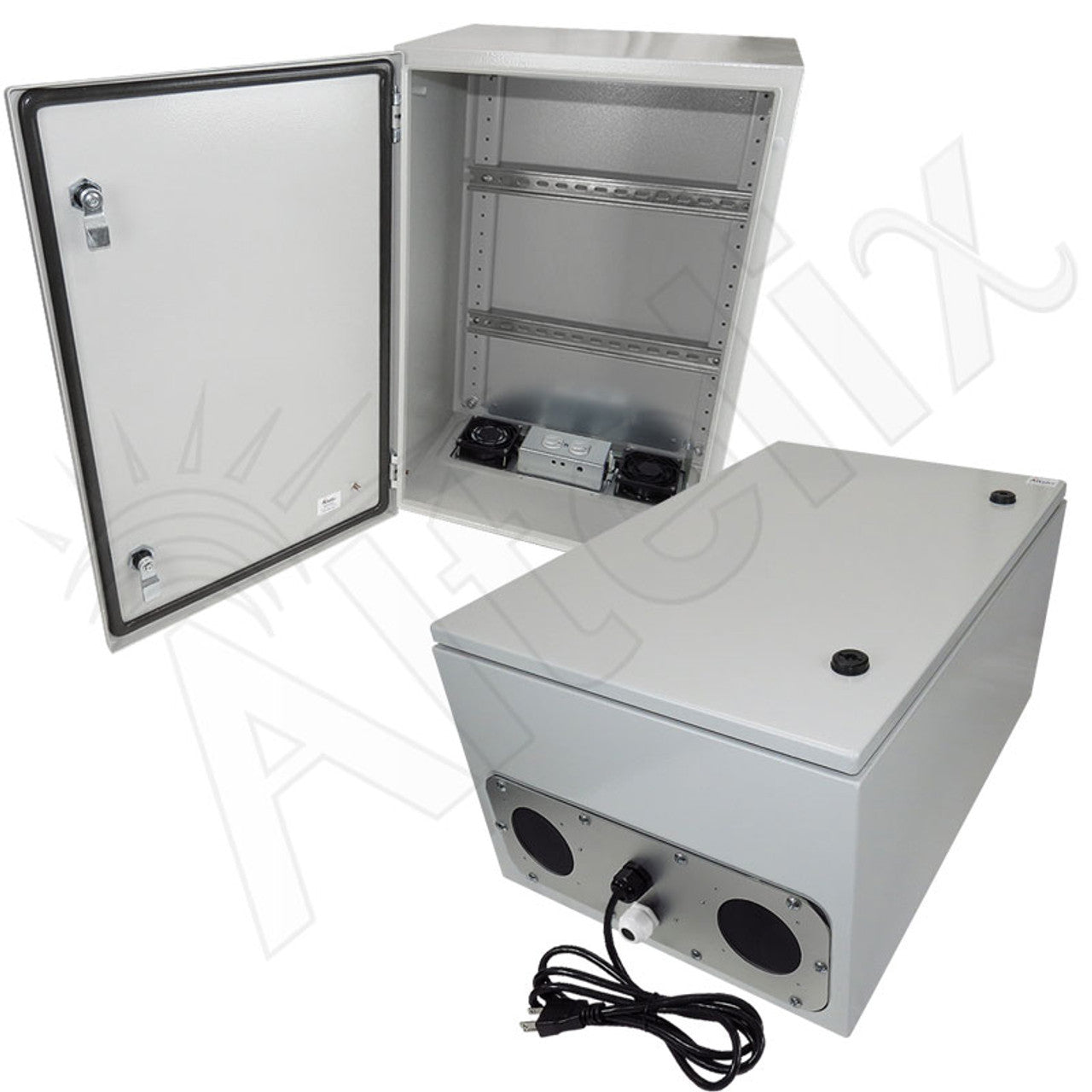 Altelix 24x16x12 Industrial DIN Rail Steel Weatherproof NEMA Enclosure with Dual Cooling Fans, 120 VAC Outlets and Power Cord