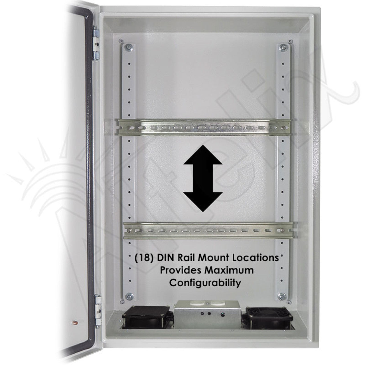 Altelix 24x16x12 Industrial DIN Rail Steel Weatherproof NEMA Enclosure with Dual Cooling Fans, 120 VAC Outlets and Power Cord