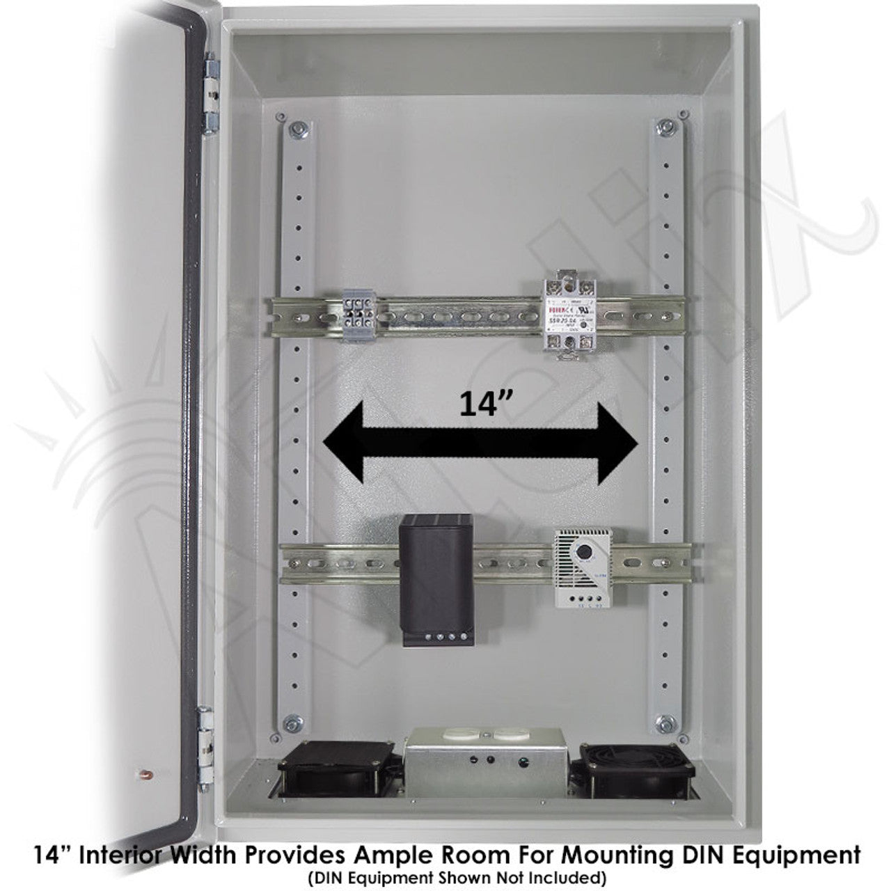 Altelix 24x16x12 Industrial DIN Rail Steel Weatherproof NEMA Enclosure with Dual Cooling Fans, 120 VAC Outlets and Power Cord