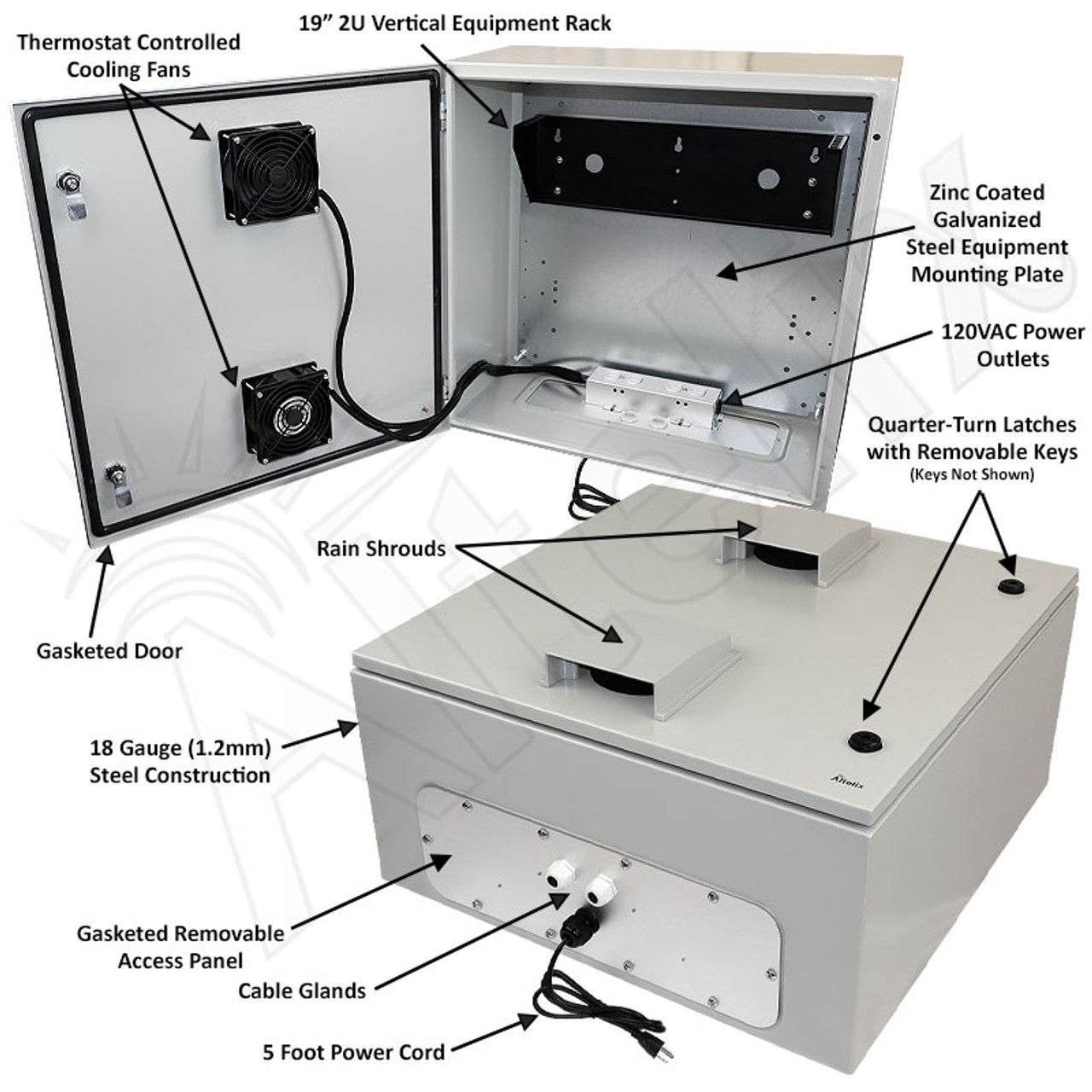 Altelix 24x24x12 19" Wide 2U Vertical Rack Steel Weatherproof NEMA Enclosure with Dual Door Mounted Cooling Fans, Dual 120 VAC Duplex Outlets and Power Cord - 0