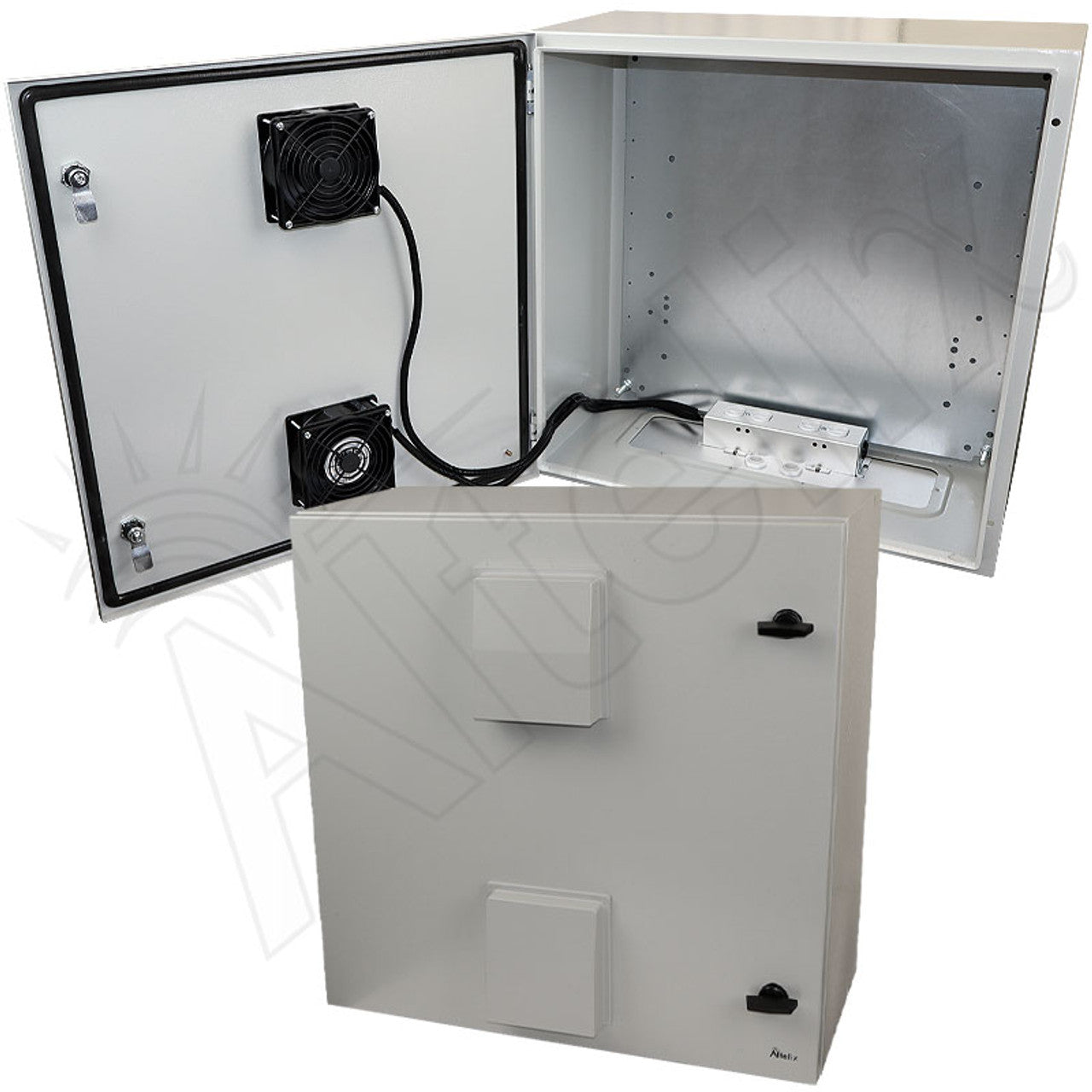 Altelix 24x24x12 Steel Weatherproof NEMA Enclosure with Dual Door Mounted Cooling Fans, Dual 120 VAC Duplex Outlets and Power Cord