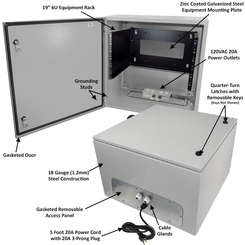 Altelix 120VAC 20A Steel NEMA 4X Enclosure for UPS Power Systems with 19" Wide 6U Rack, 20A Power Outlets and Power Cord