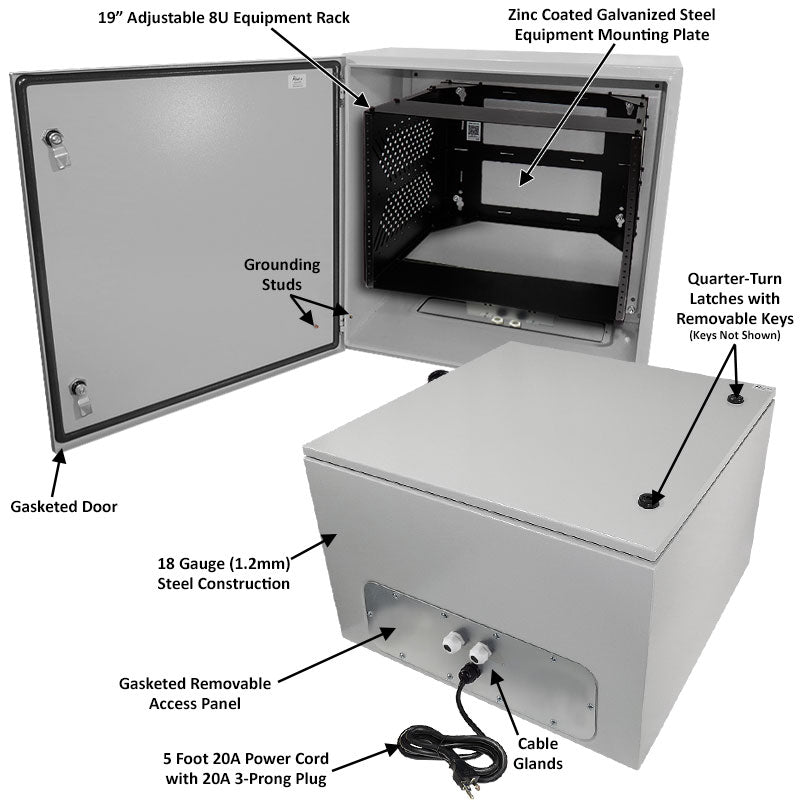 Altelix 120VAC 20A Steel NEMA 4X Enclosure for UPS Power Systems with Heavy Duty 19" Wide Adjustable 8U Rack Frame, 20A Power Outlets and Power Cord