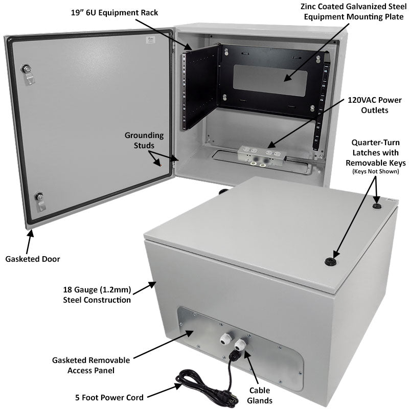 Altelix 19" Wide 6U Rack NEMA 4X Steel Weatherproof Enclosure with 120 VAC Outlets and Power Cord